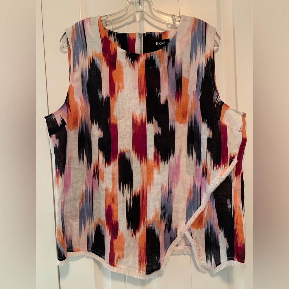 DKNY Linen XL Shell multi-colored abstract w/fringe & back zipper NWT